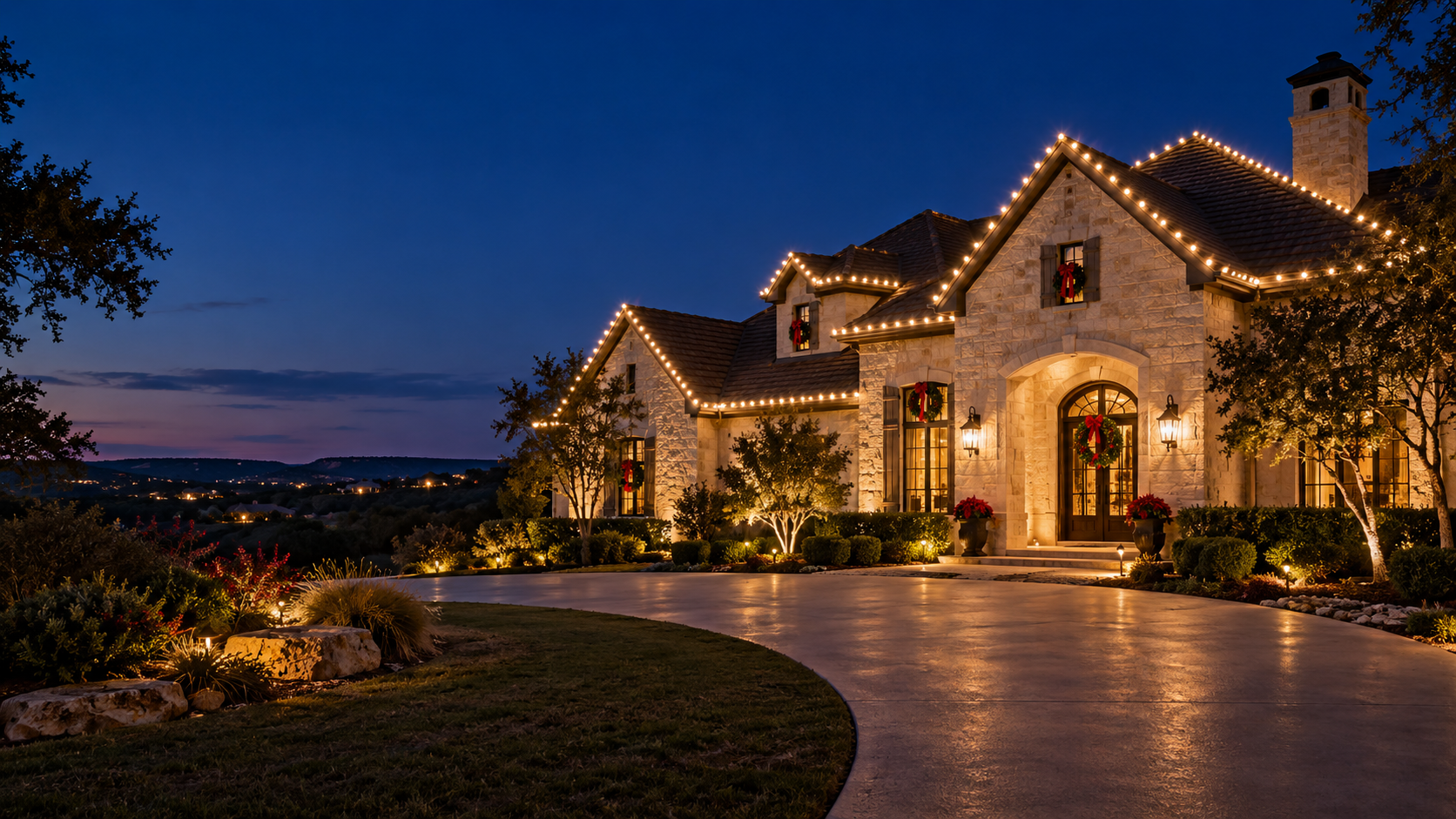 Home professionally decorated with warm white Christmas lights